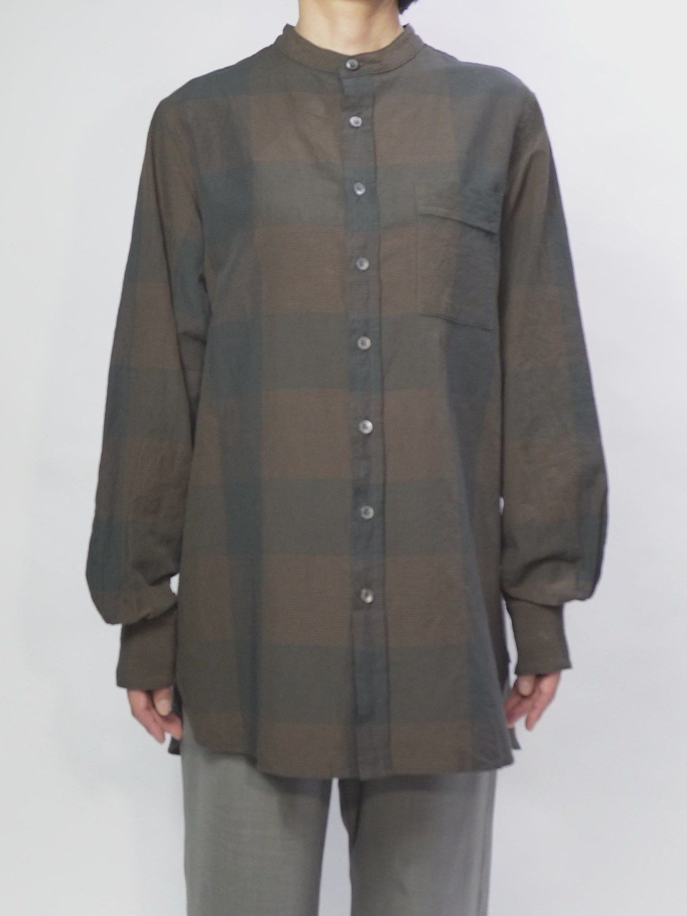 コットンリネンコードチェック LD ウォッシャー L/S バンドカラーシャツ / ブラウンチェック 【∀ ターンエー】