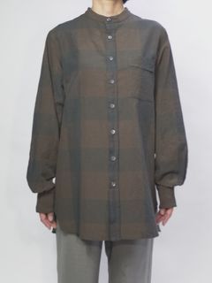 コットンリネンコードチェック LD ウォッシャー L/S バンドカラーシャツ / ブラウンチェック 【∀ ターンエー】