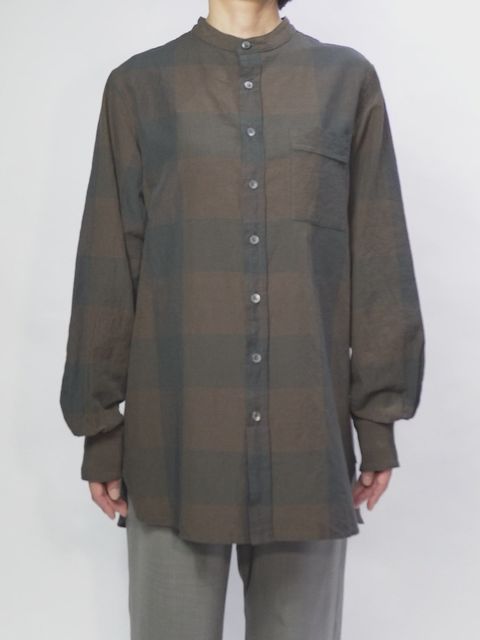 コットンリネンコードチェック LD ウォッシャー L/S バンドカラーシャツ / ブラウンチェック 【∀ ターンエー】