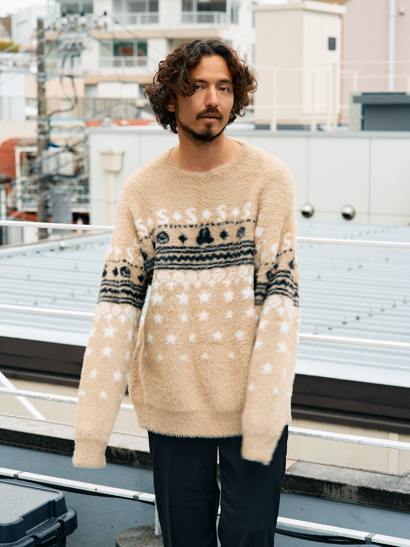 【予約品 5月8日(木) AM10時 締切】 ナイロンフェザーヤーン スターノルディックダブルジャガード シャギープルオーバー / ベージュ