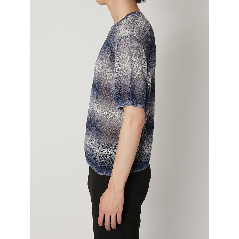 "Gradient-Striped Sheer Knit" Short Sleeve Knit - Navy / グラデーション ニットトップ / TA26SS-KN047
