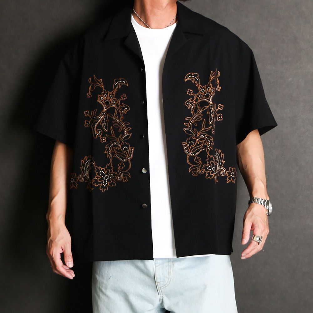 【ラスト1点-サイズS】 Aloha shirt - Flower chain embroidery / アロハシャツ - フラワー チェーン エンブロイダリー / SN-572A