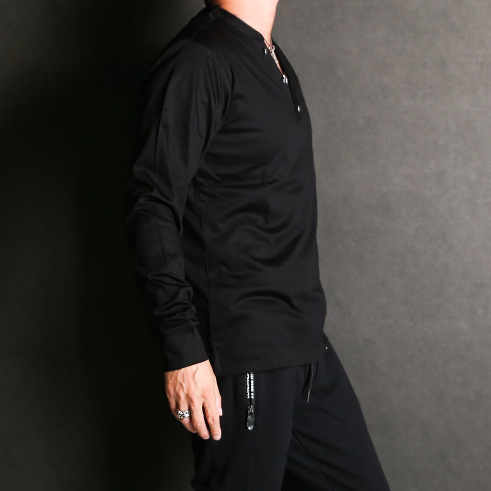 HENLEY NECK SUPER MERCERIZED LONG SLEEVE T-SHIRT - BLACK / ダブルシルケット ヘンリーネック ロングスリーブTシャツ / UST-24058