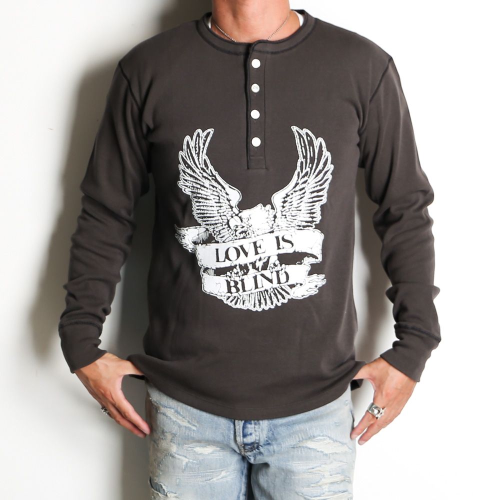 "EAGLE" Henry neck Long Sleeve T-Shirt - BLACK / ヘンリーネック ロングスリーブTシャツ  / G13LT074