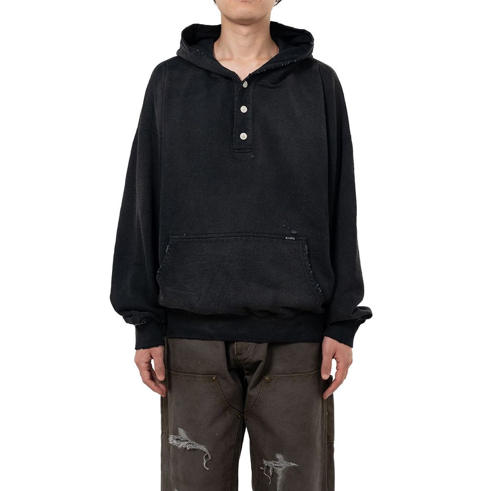 Distressed Henry Neck Hoodie - BLACK / ヘンリーネック フーディー / G15HD077