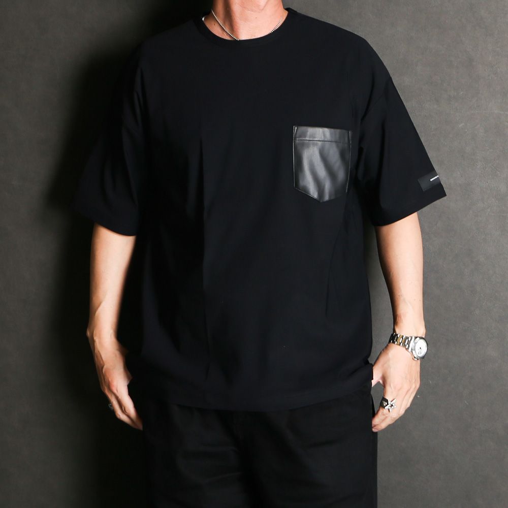 leather pocket overnylon T - BLACK / エコレザーポケット ルーズTシャツ / RC35-T-005