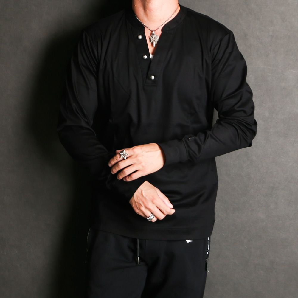 HENLEY NECK SUPER MERCERIZED LONG SLEEVE T-SHIRT - BLACK / ダブルシルケット ヘンリーネック ロングスリーブTシャツ / UST-24058