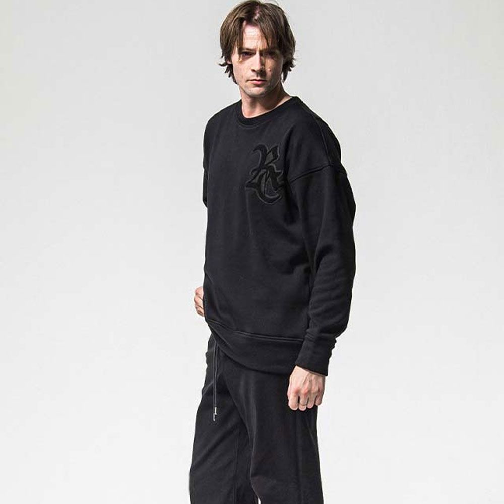 RC chenille velours fleece drop trainer - BLACK / サガラ刺繍ワッペン 裏起毛ルーズトレーナー / RC38-C-004