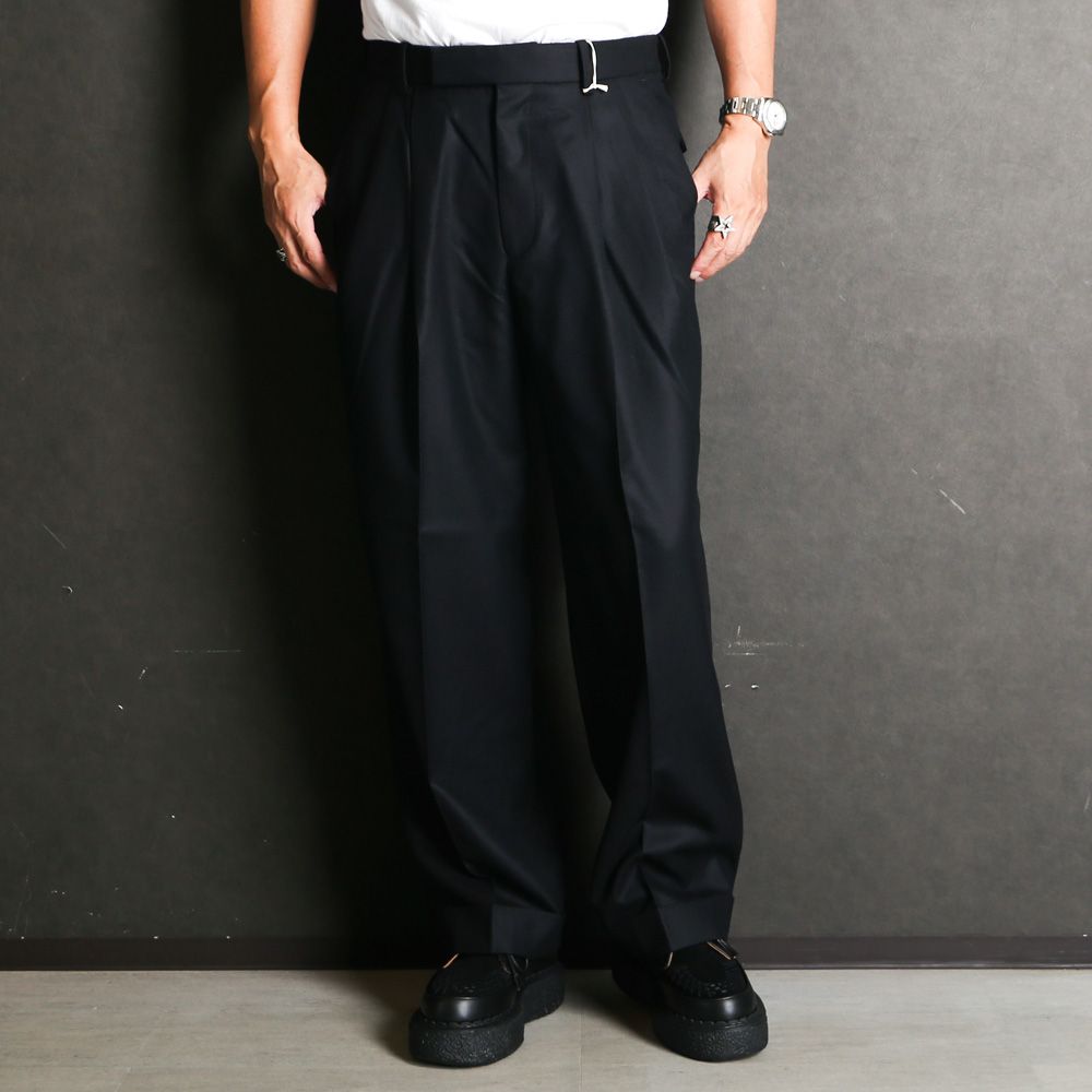 DOUBLE PLEATED WIDE TROUSERS - BLACK / オーガニックウール 2/80 フランネル - ダブルプリーテッドワイドトラウザーズ / A25C15PT02C