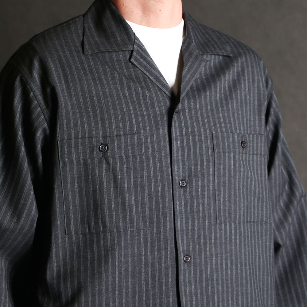 【ラスト1点-サイズ2】DOUBLE POCKET OPEN COLLAR SHIRT - GRAY STRIPE / 2/72 ウールトロピカルワッシャー - ダブルポケット オープンカラーシャツ / M26A11SH01C