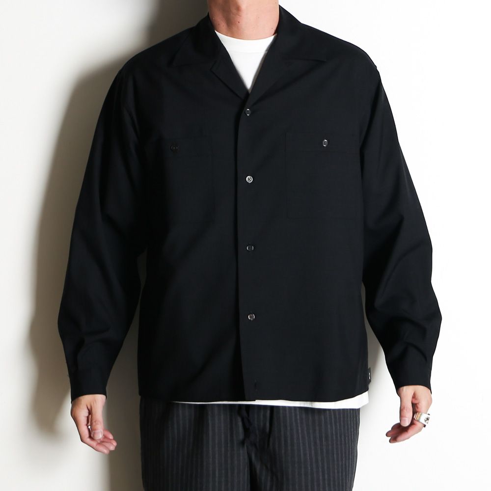 DOUBLE POCKET OPEN COLLAR SHIRT - CHAMBRAY BLACK / 2/72 ウールトロピカルワッシャー - ダブルポケット オープンカラーシャツ / M26A11SH01C