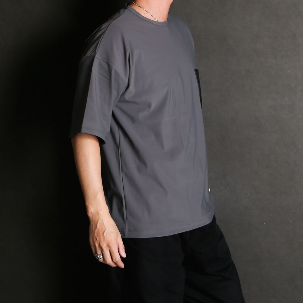 【ラスト1点-サイズ1】leather pocket overnylon T - GREY / エコレザーポケット ルーズTシャツ / RC35-T-005