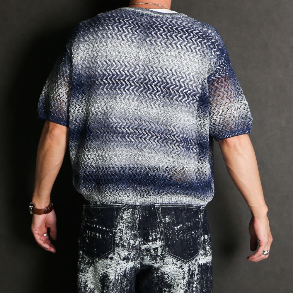 "Gradient-Striped Sheer Knit" Short Sleeve Knit - Navy / グラデーション ニットトップ / TA26SS-KN047