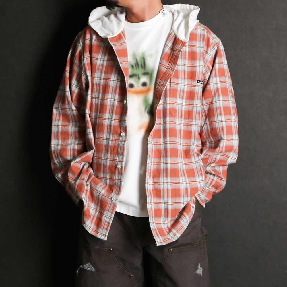 KAMIYA - Distressed Check Shirt Hoodie - RED / フーデッド
