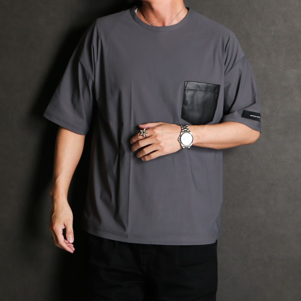 【ラスト1点-サイズ1】leather pocket overnylon T - GREY / エコレザーポケット ルーズTシャツ / RC35-T-005
