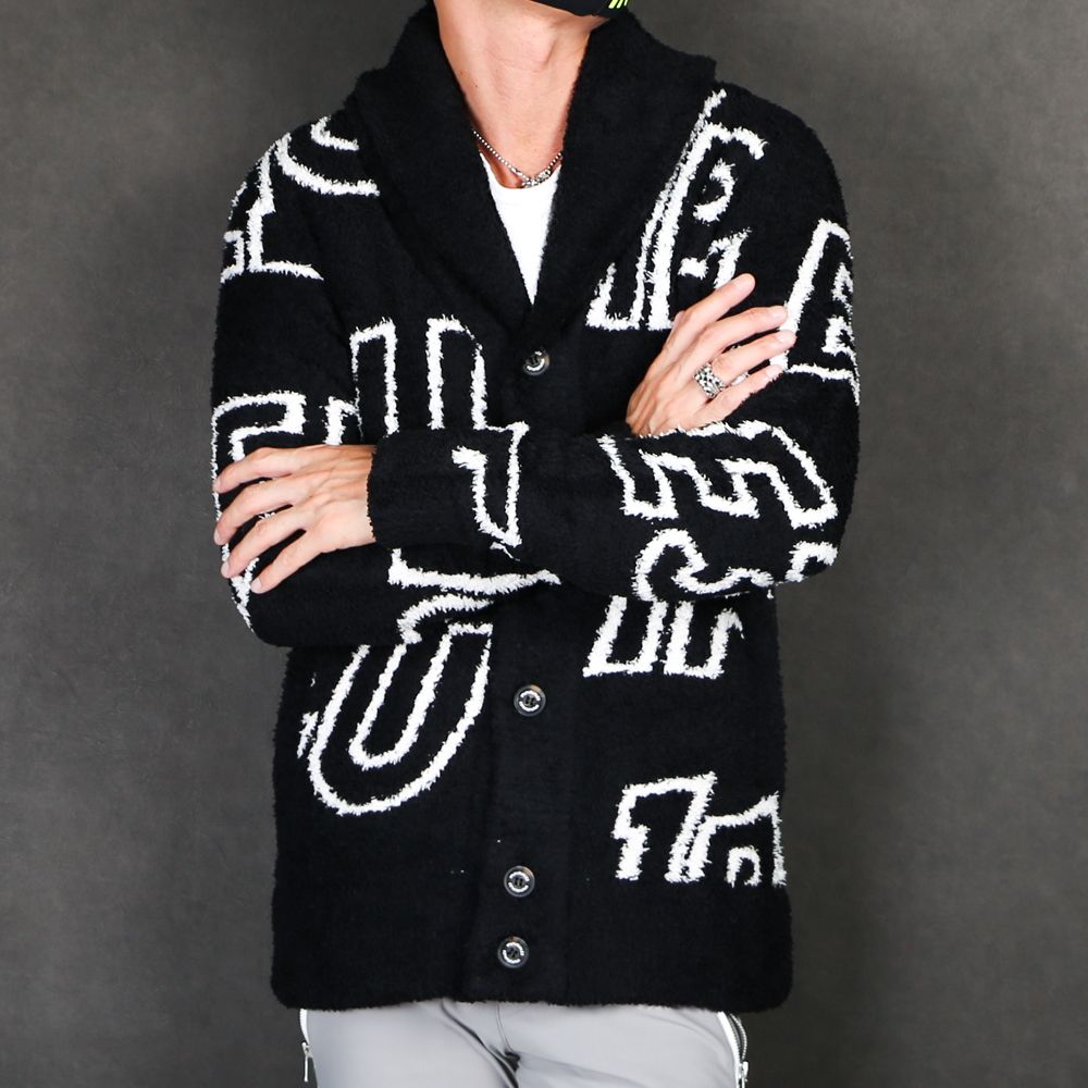 WHOLE PATTERN KNIT SHAWL CARDIGAN / 総柄ロゴ ニットショールカーディガン / USK-20014