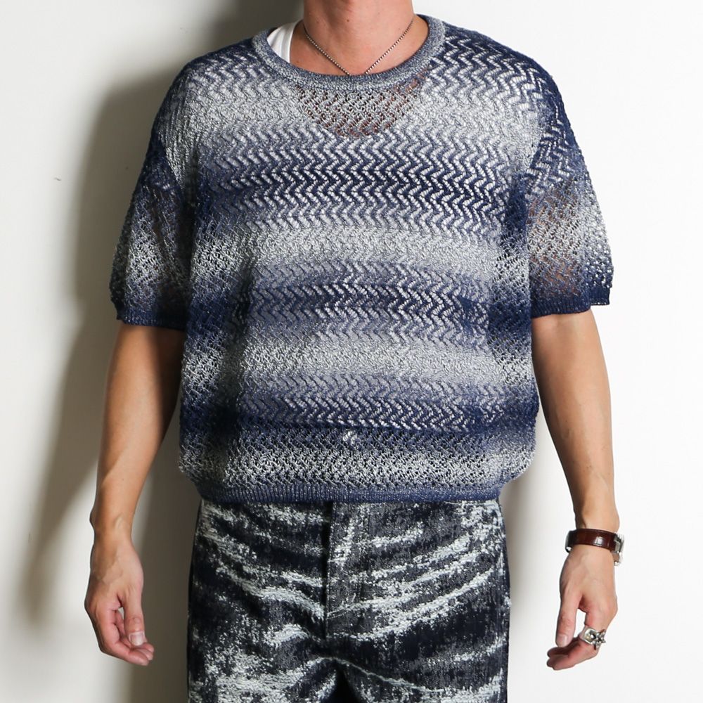 "Gradient-Striped Sheer Knit" Short Sleeve Knit - Navy / グラデーション ニットトップ / TA26SS-KN047
