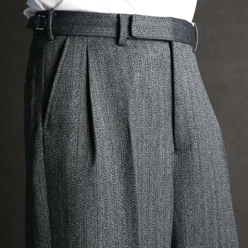 Single Pleat Wide Trousers - Gray / オーガニックウール撚り杢へリンボン - シングルプリーツワイドトラウザーズ / M26C20PT01C