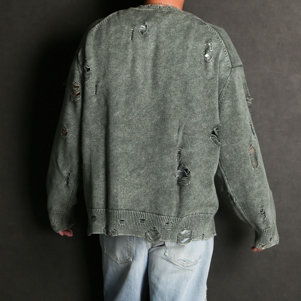 KAMIYA - Bleached Print Knit Sweater - KHAKI / ブリーチ KAMIYA - Bleached Print Knit Sweater - KHAKI / ブリーチ