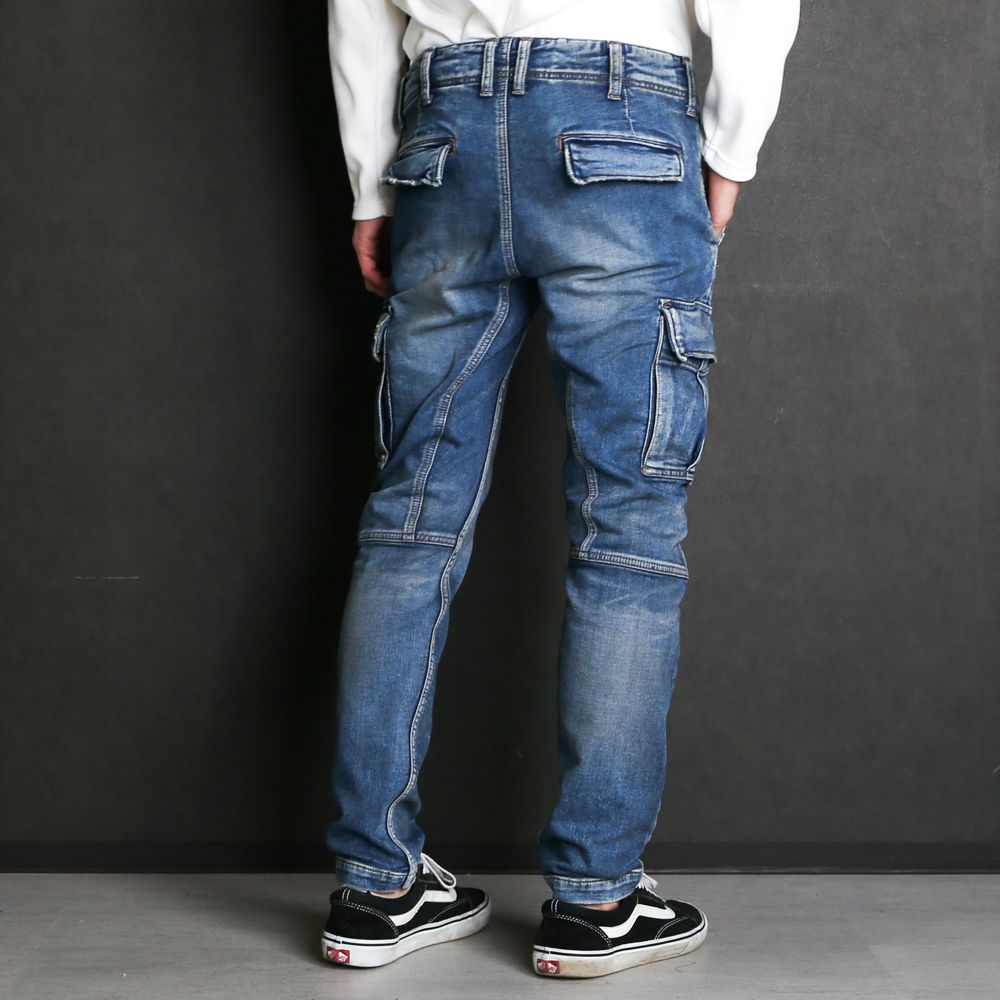 SWEATLIKE-STRETCH DENIM TAPERED CARGO PANTS / スウェットライクデニム テーパード カーゴパンツ / TPT-F2006