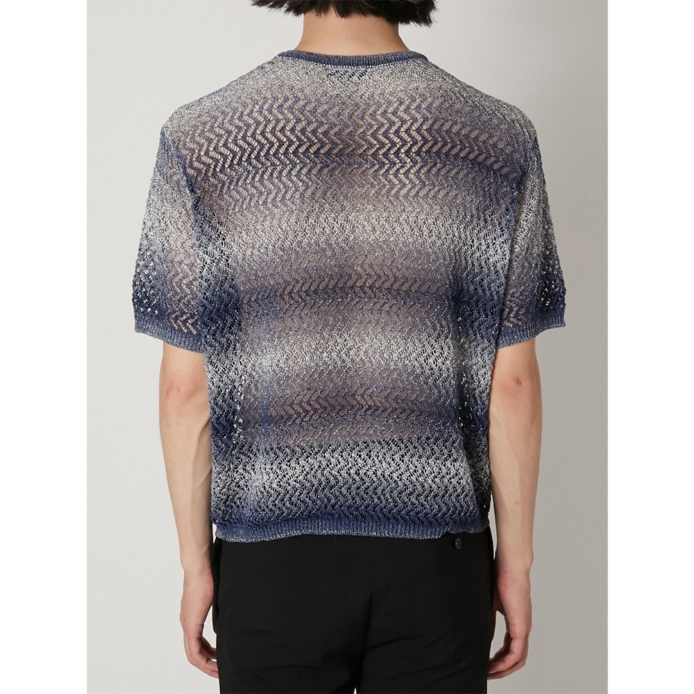 "Gradient-Striped Sheer Knit" Short Sleeve Knit - Navy / グラデーション ニットトップ / TA26SS-KN047