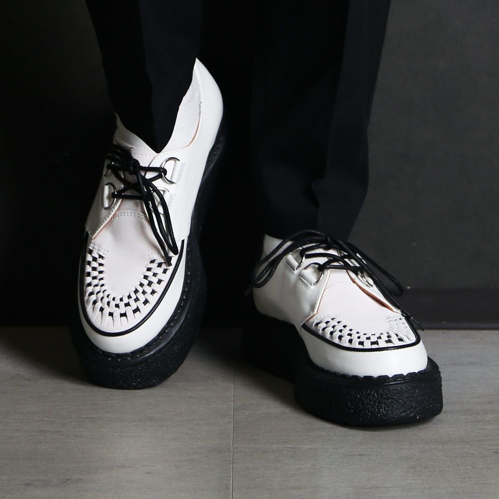 BEDWIN & THE MMY General Scale. / "DAVID" Leather Inter Lace Shoes - WHT × BLK / C15FW703