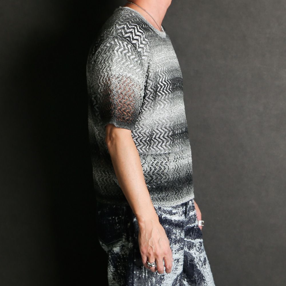 "Gradient-Striped Sheer Knit" Short Sleeve Knit - Black / グラデーション ニットトップ / TA26SS-KN047