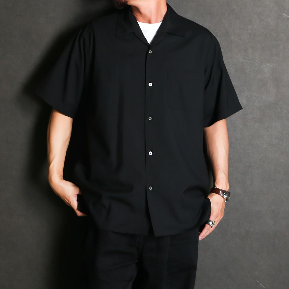 ITALIAN OPEN COLLAR S/S SHIRT - BLACK / オーガニックウール2/80トロピカル - イタリアンオープンカラーS/Sシャツ / A26B04SH03B