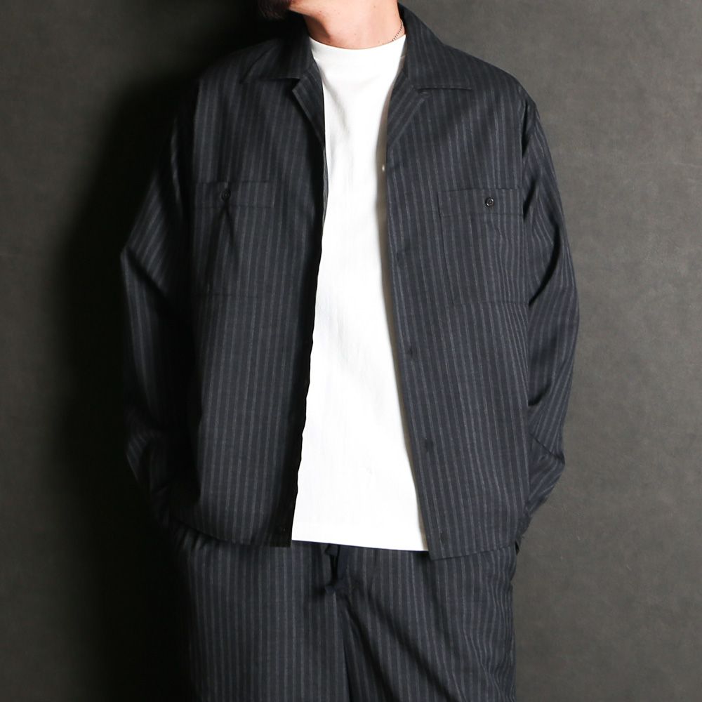 【ラスト1点-サイズ2】DOUBLE POCKET OPEN COLLAR SHIRT - GRAY STRIPE / 2/72 ウールトロピカルワッシャー - ダブルポケット オープンカラーシャツ / M26A11SH01C