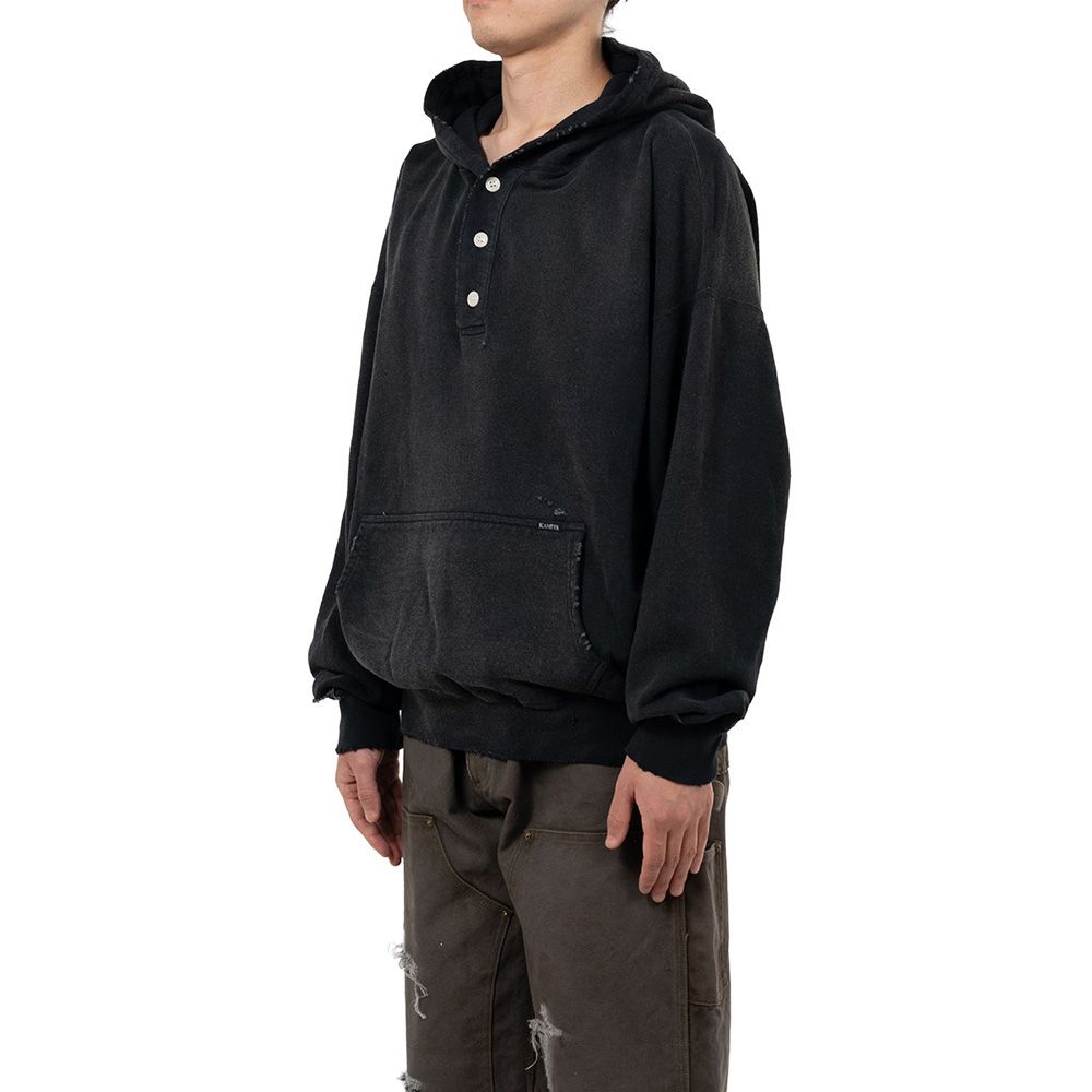 Distressed Henry Neck Hoodie - BLACK / ヘンリーネック フーディー / G15HD077