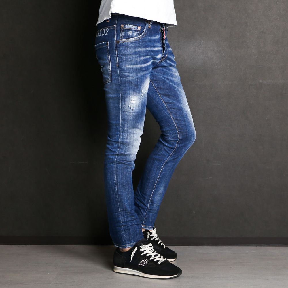 DSQUARED2 ディースクエアード 21SS Skater Jean ダメージICONプリントストレッチスキニーロングデニムパンツ インディゴ S79LA0023