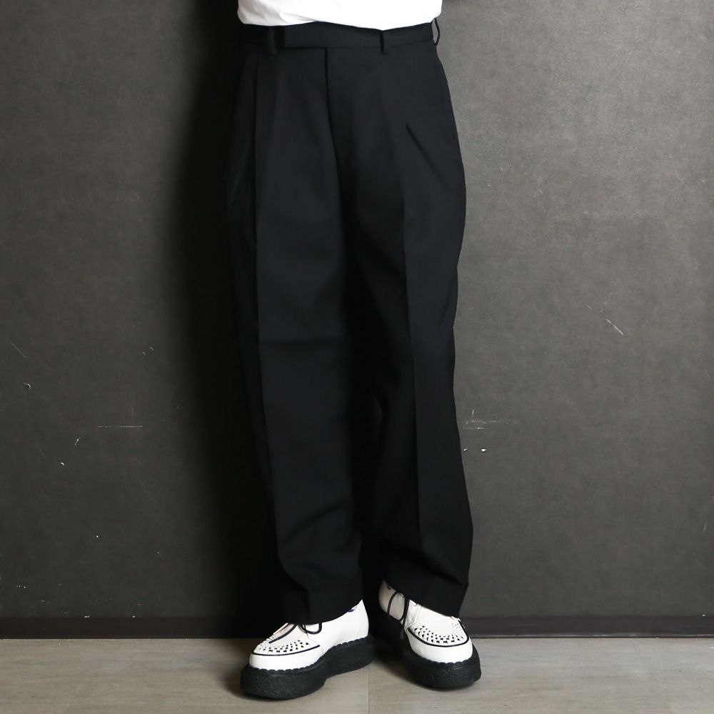 Double Pleated Semi Easy Trousers - Black / 3/60 オーガニックウールサバイバルクロス® - ダブルプリーテッドセミイージートラウザーズ / A26C07PT02C