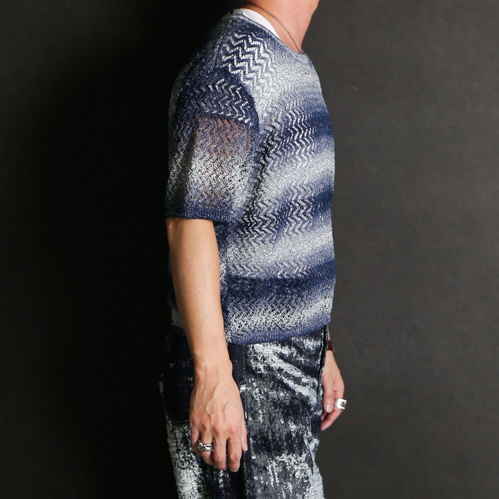 "Gradient-Striped Sheer Knit" Short Sleeve Knit - Navy / グラデーション ニットトップ / TA26SS-KN047