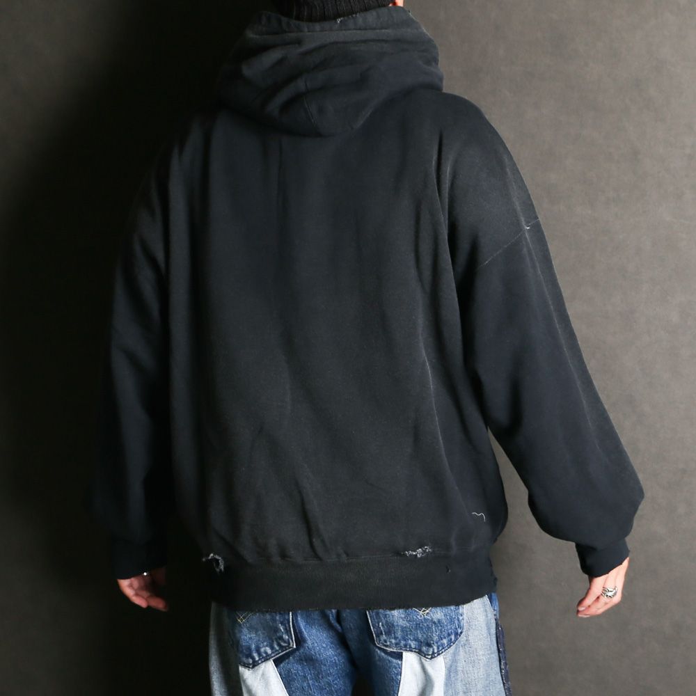 Distressed Henry Neck Hoodie - BLACK / ヘンリーネック フーディー / G15HD077