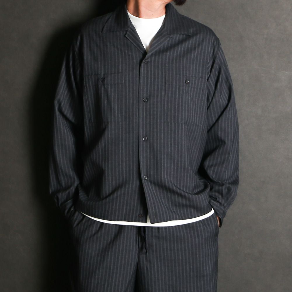【ラスト1点-サイズ2】DOUBLE POCKET OPEN COLLAR SHIRT - GRAY STRIPE / 2/72 ウールトロピカルワッシャー - ダブルポケット オープンカラーシャツ / M26A11SH01C