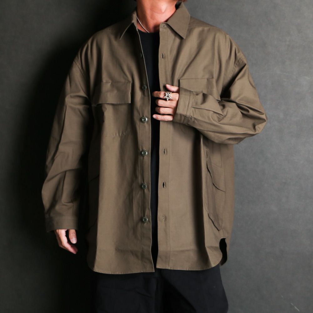 POLIQUANT - THE DEFORMED FATIGUE RIPSTOP SHIRT JACKET - OLIVE DRAB /  2402009 | chemical conbination