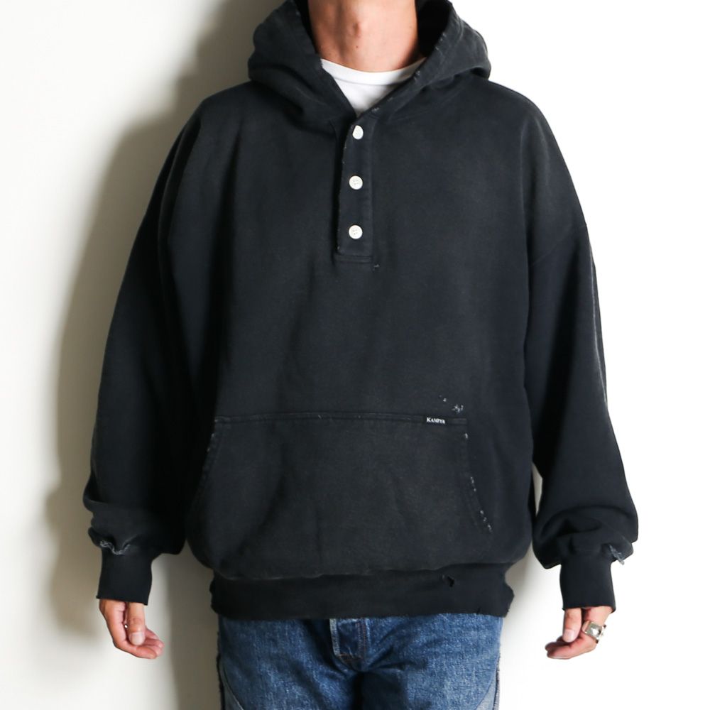 Distressed Henry Neck Hoodie - BLACK / ヘンリーネック フーディー / G15HD077