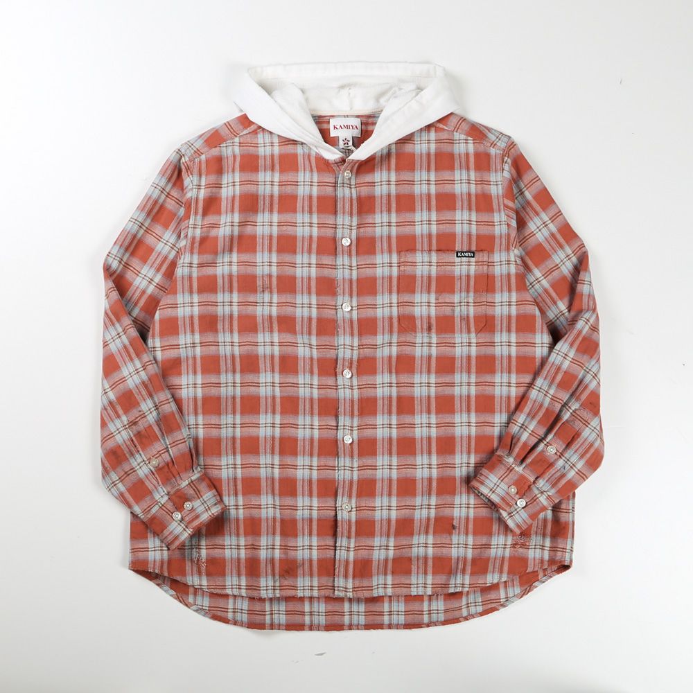 KAMIYA - Distressed Check Shirt Hoodie - RED / フーデッド