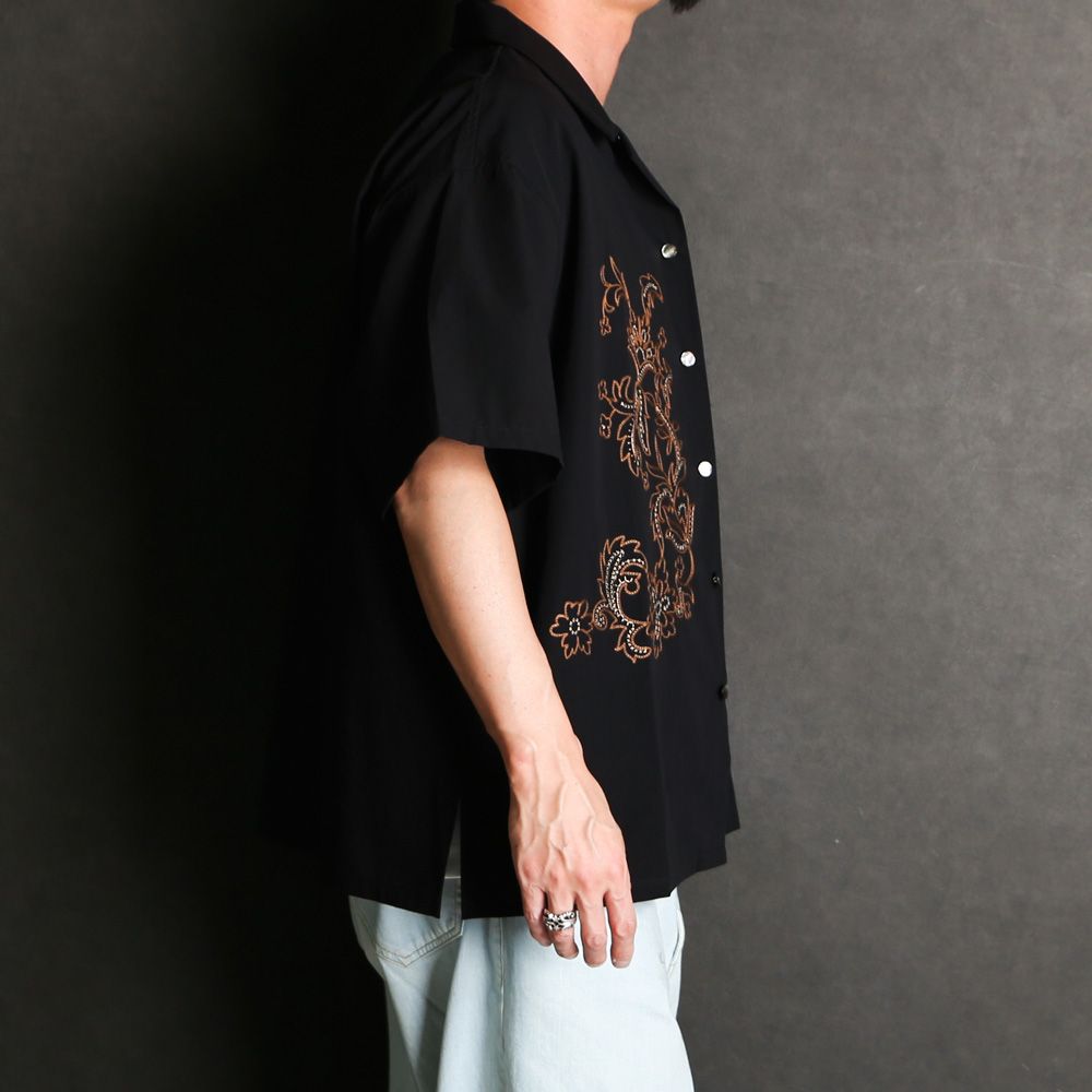 【ラスト1点-サイズS】 Aloha shirt - Flower chain embroidery / アロハシャツ - フラワー チェーン エンブロイダリー / SN-572A