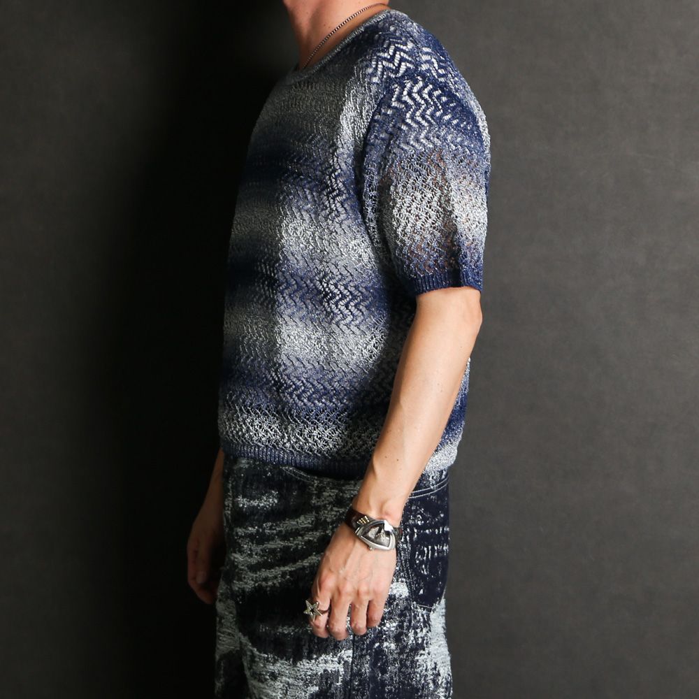 "Gradient-Striped Sheer Knit" Short Sleeve Knit - Navy / グラデーション ニットトップ / TA26SS-KN047