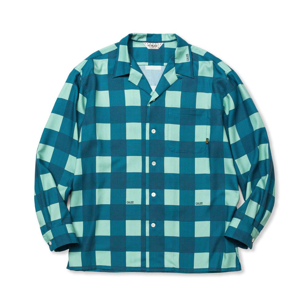 CALEE - RAYON CHECK OPEN COLLAR L/S SH - TURQUOISE / オープン 