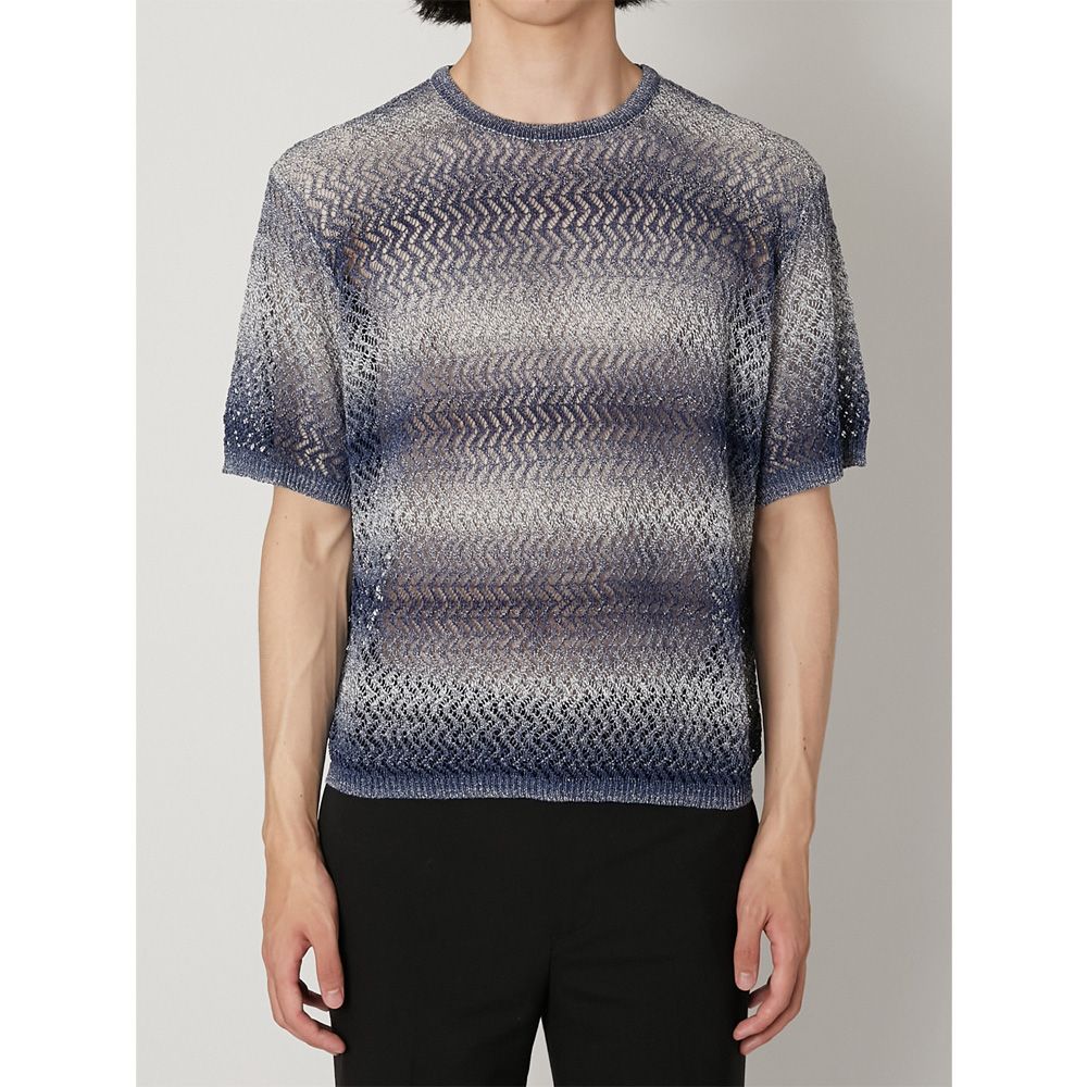 "Gradient-Striped Sheer Knit" Short Sleeve Knit - Navy / グラデーション ニットトップ / TA26SS-KN047