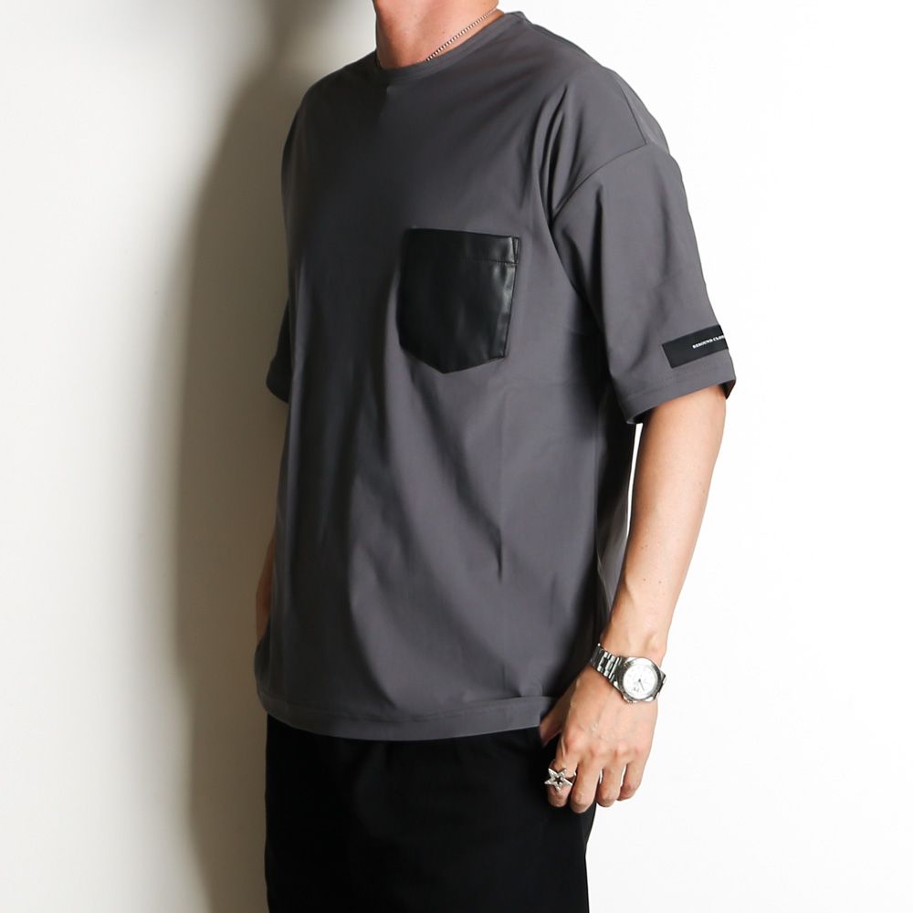 【ラスト1点-サイズ1】leather pocket overnylon T - GREY / エコレザーポケット ルーズTシャツ / RC35-T-005