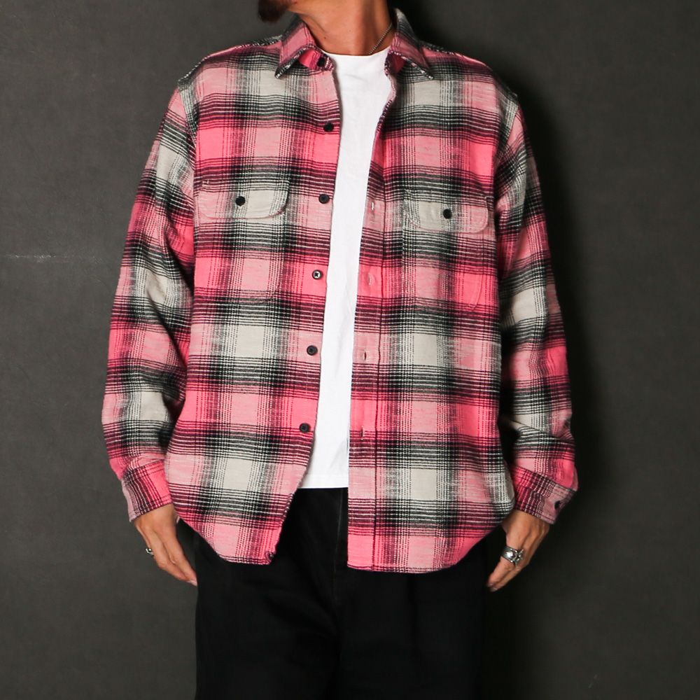 Heavy Cotton Flannel Ombre Work Shirt  - PINK / MDFBF09503