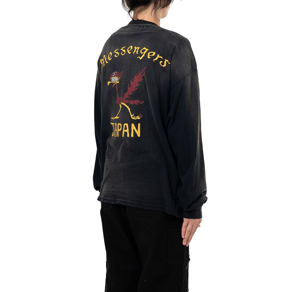 "Messenger Bird" Distressed Pocket L/S T-shirt - BLACK / グラフィック Tシャツ / G15LT086