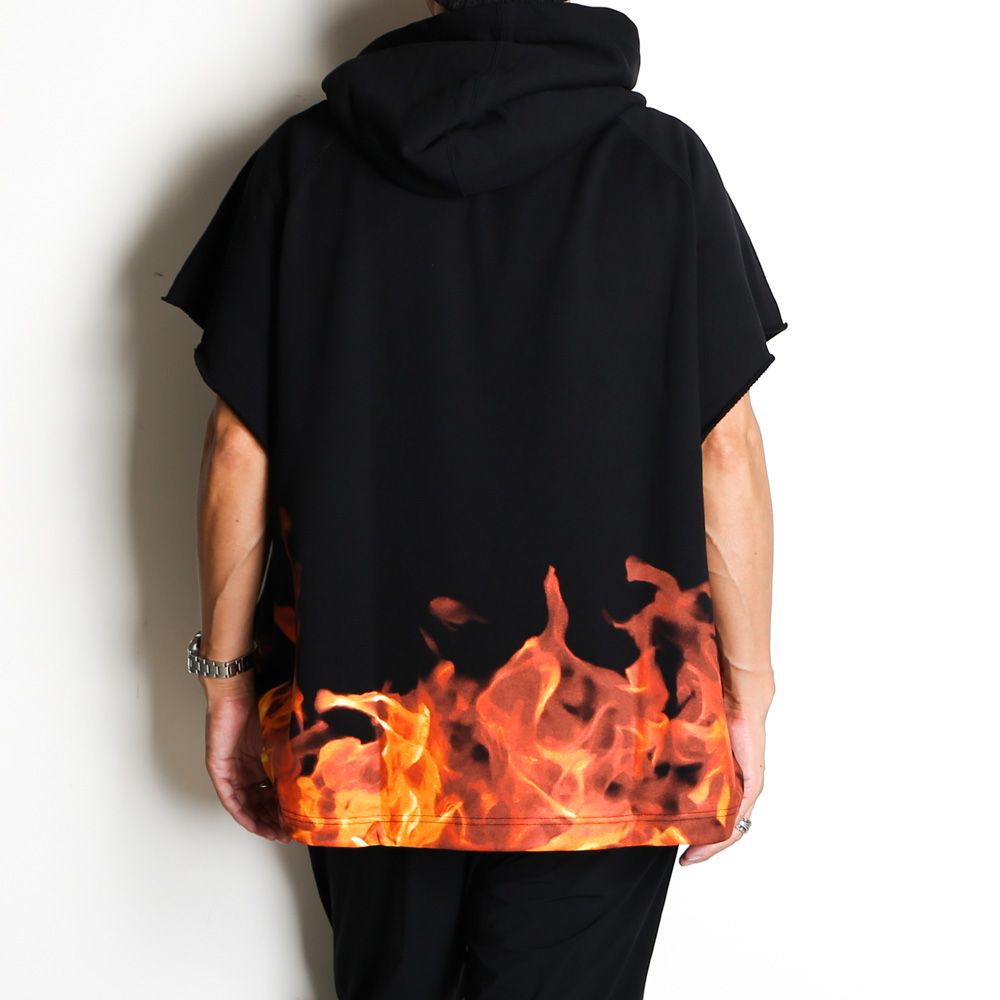 Fire Pattern Cutoff Sleeve Big Hoodie / 2308-6004