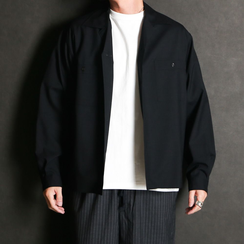 DOUBLE POCKET OPEN COLLAR SHIRT - CHAMBRAY BLACK / 2/72 ウールトロピカルワッシャー - ダブルポケット オープンカラーシャツ / M26A11SH01C