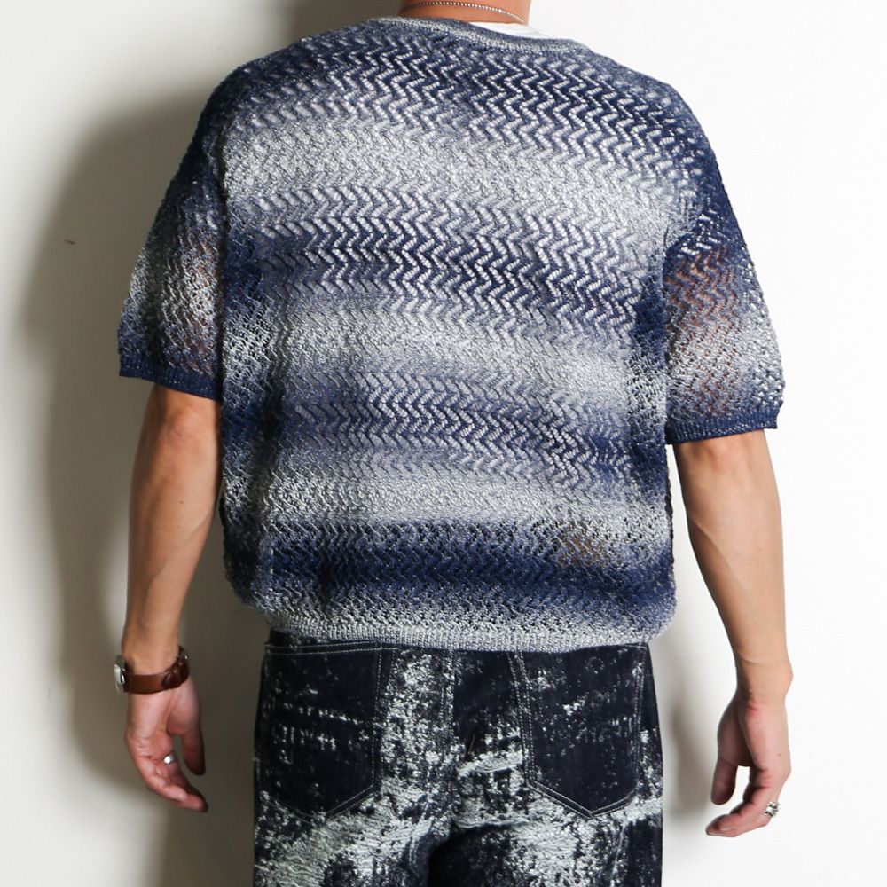"Gradient-Striped Sheer Knit" Short Sleeve Knit - Navy / グラデーション ニットトップ / TA26SS-KN047