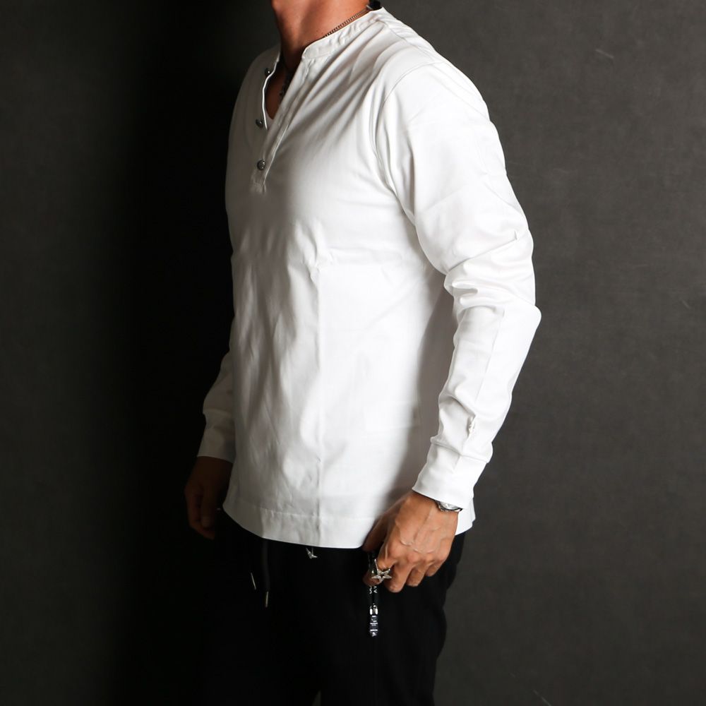 HENLEY NECK SUPER MERCERIZED LONG SLEEVE T-SHIRT - WHITE / ダブルシルケット ヘンリーネック ロングスリーブTシャツ / UST-24058