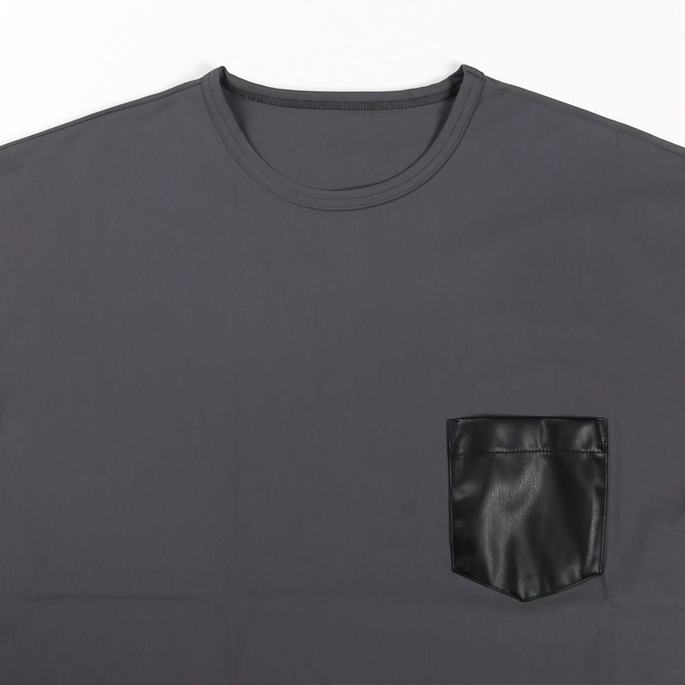 【ラスト1点-サイズ1】leather pocket overnylon T - GREY / エコレザーポケット ルーズTシャツ / RC35-T-005